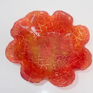 Murano Glass Fire Orange Ruffled Candy Dish Crackled Design Beautifully Crafted